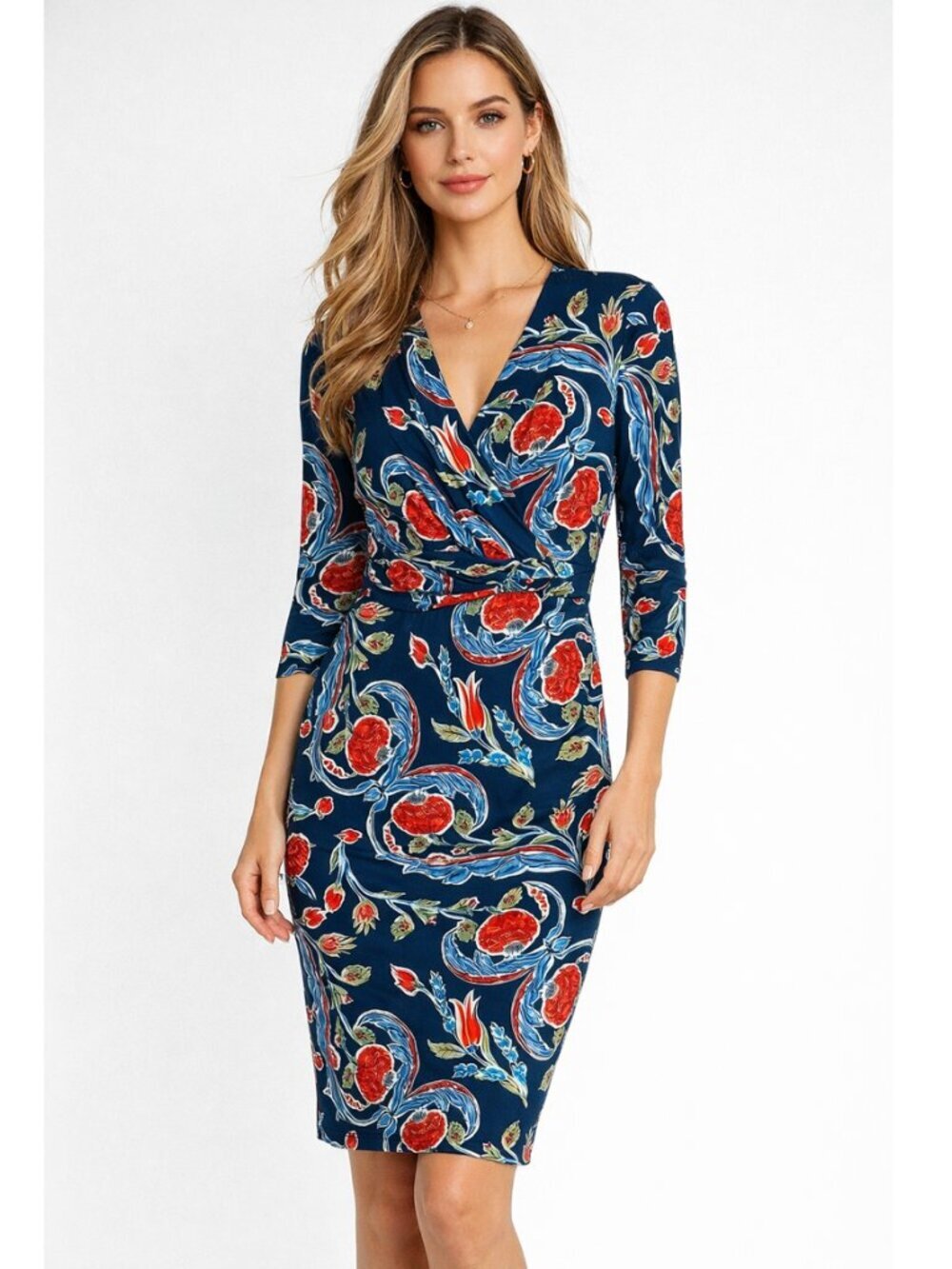Escada Dress Blue Red Floral Jersey Knit Print Designer Size 36 Medium